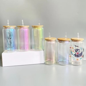 Blank Iridescent Sublimation Beer Can Glass - Colored Ombre Soda Cup with Bamboo Lid and Straw - Rainbow Shimmer Tempered Glass
