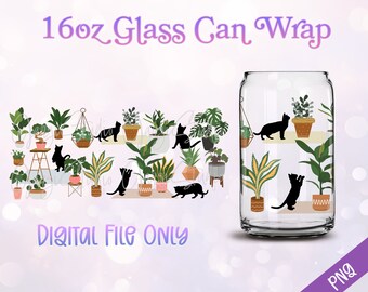 Cats and Plants Glass Can Wrap | Plant Mom | Transparent Background PNG For Sublimation or DTF | Soda Libbey Glass Cup | Digital Download