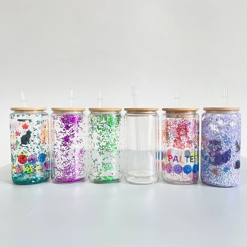 AGH 16oz Sublimation Snow Globe Glass Can Shaped Tumblers with Bamboo Lids and Straws - 6 Pack, Duble Wall Blank Beer Can Clear Glass Ice Coffee Cups