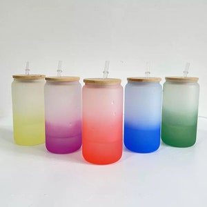 Color Change Sublimation Beer Can Glass - Blank Soda Can Cup with Bamboo Lid and Straw - Tempered Borosilicate Glass