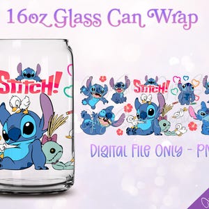 May include: A digital download of a 16oz glass can wrap featuring Stitch from Lilo & Stitch. The design includes Stitch in various poses, with the text "Stitch!" in pink and white letters. The background is a light purple with pink hearts and flowers.