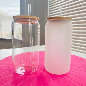 Blank Sublimation Beer Can Glass - Blank 16oz Glass - Soda Can Cup with Bamboo Lid and Straw - Tempered Borosilicate Glass
