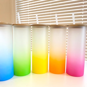 Blank Ombre Sublimation Beer Can Glass - Colored 25oz Soda Can Cup with Bamboo Lid and Straw - Tempered Borosilicate Glass