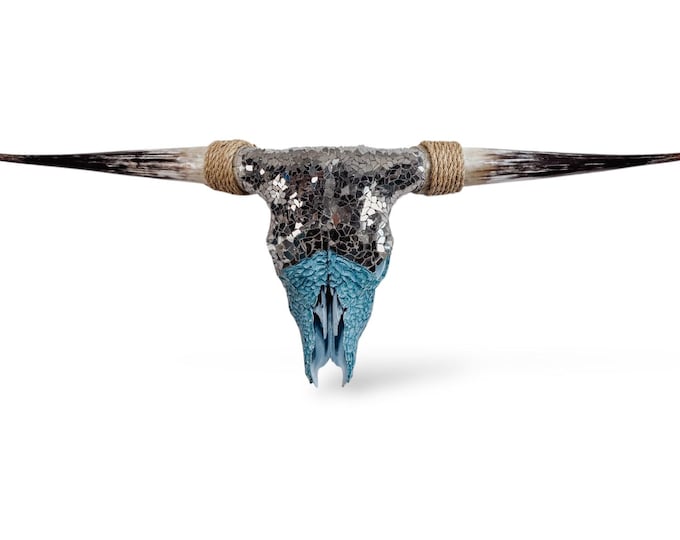 Featured listing image: Mirrored Glass Texas Longhorn Skull | Custom Wall Decor | One of a Kind Art 691
