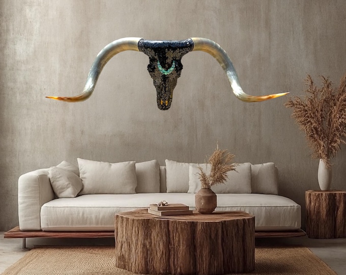 Featured listing image: Glass Longhorn Skull | 102 inches total horn | Legacy Art Piece | One of a Kind 787