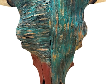 Real Longhorn Skull Art •Turquoise Patina Rustic • Modern Western Christmas Gift 680