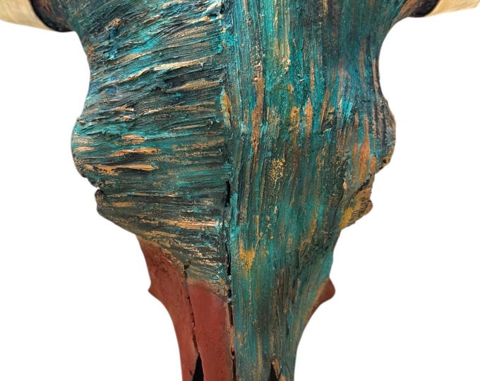 Featured listing image: Real Longhorn Skull Art •Turquoise Patina Rustic • Modern Western Christmas Gift 680