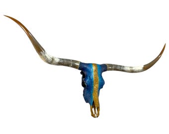 Textured Longhorn Skull Art | Royal Blue & Gold | Western Modern Decor One of a Kind Collector Piece – Large Real Longhorn Skull 789
