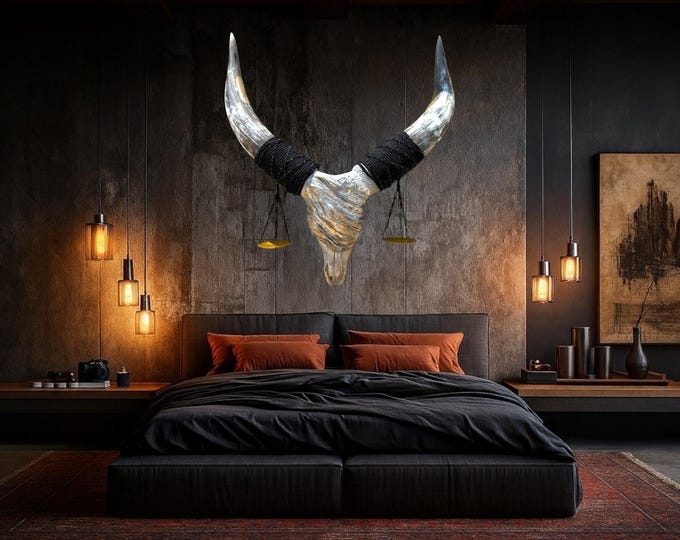 Featured listing image: Metallica Inspired Longhorn Skull Wall Art: Vintage Brass Scales, Heavy Texture