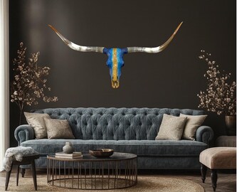 Textured Longhorn Skull Art: Royal Blue & Gold Western Decor - 60"