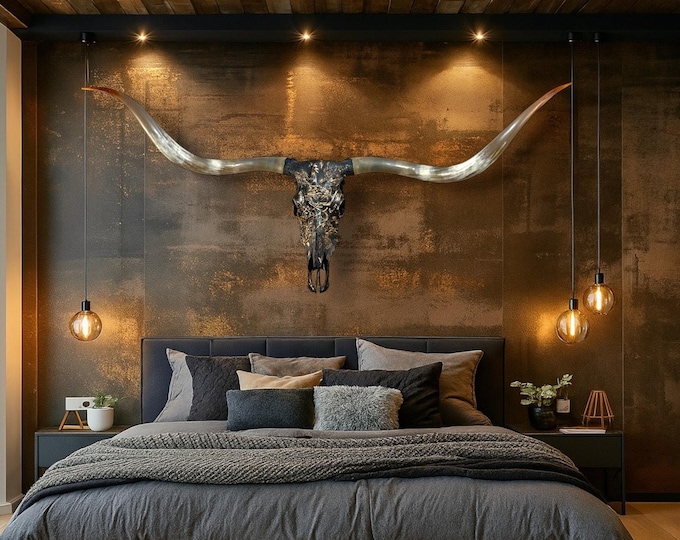Featured listing image: Abstract Sculpted Longhorn Skull Art: Dark Knight Collector's Piece - 5'9" Wide