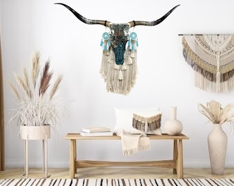 Mirrored Glass Longhorn Skull with Macrame Wall Hanging | Legacy Art Piece | One of a Kind 796