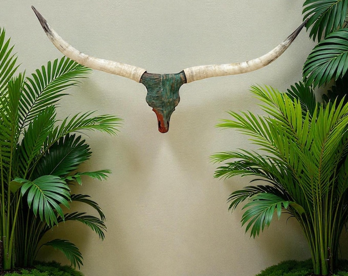 Featured listing image: Real Longhorn Skull Art •Turquoise Patina Rustic • Modern Western Christmas Gift 680