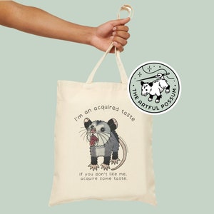 Acquired Taste Opossum Hand Embroidery PRINT Cotton Canvas Tote Bag Opossum Meme Possum Cute Funny