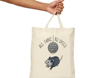 Original All Panic No Disco Opossum Hand Embroidery PRINT Cotton Canvas Tote Bag Opossum Meme Possum Cute Funny