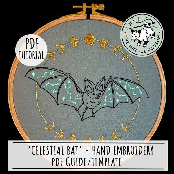 Celestial Bat Hand Embroidery PDF Template Pattern Tutorial Guide Beginner Embroidery Spooky Cute Glow In The Dark Art Digital Download