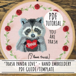 Trash Panda Love - Romantic Racoon Valentine's Hand Embroidery PDF Tutorial Guide Template. Cute Quirky Hand Embroidery Anniversary Gift