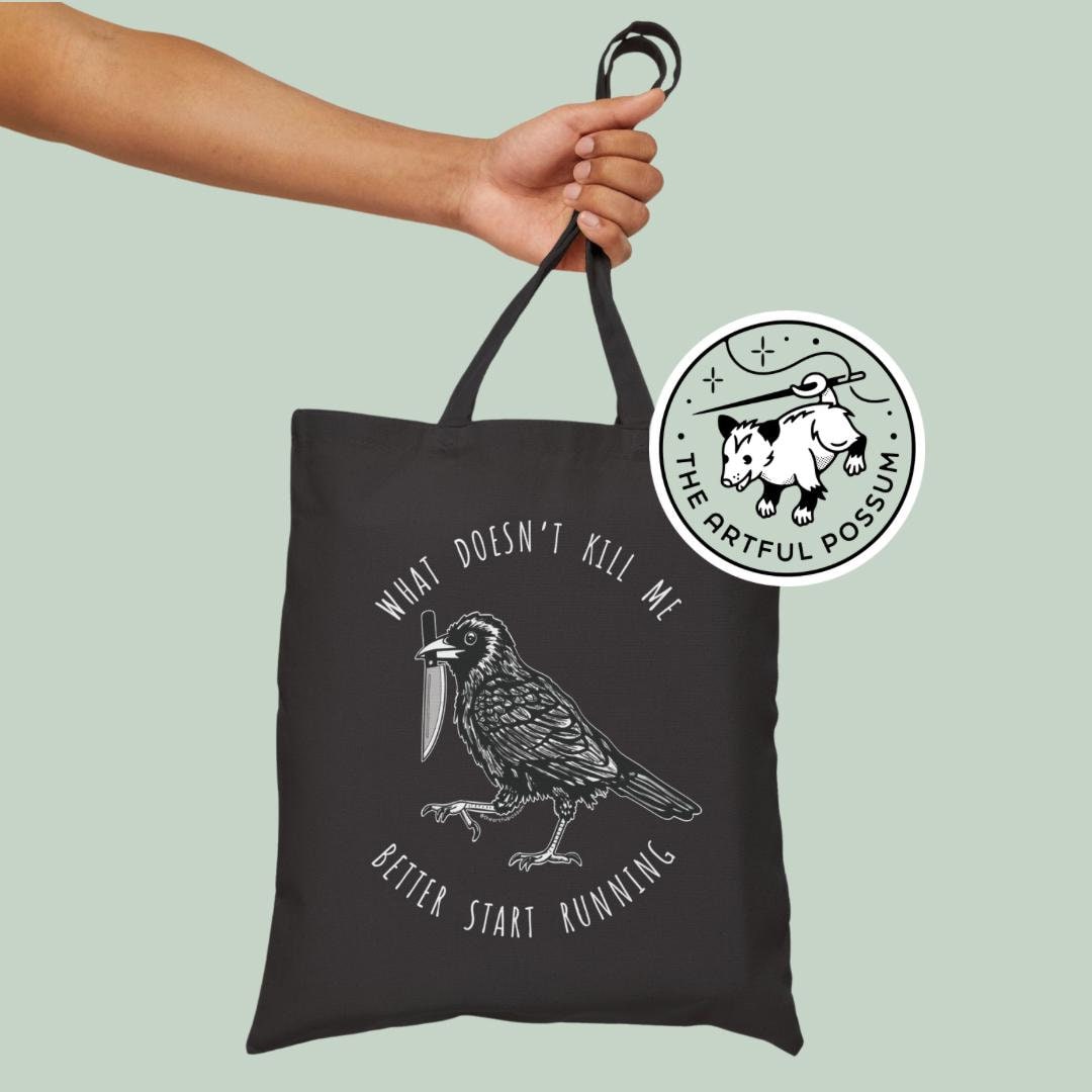 Run Away Crow Cotton Canvas Tote Bag Opossum Meme Raven Corvid Cute Funny