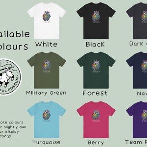 May include: A graphic t-shirt design featuring a possum with a rainbow unicorn horn. The text "The Artful Possum" is displayed in a circle around the possum. The t-shirt is available in 10 colors: white, black, dark grey, military green, forest, navy, turquoise, berry, and team purple.