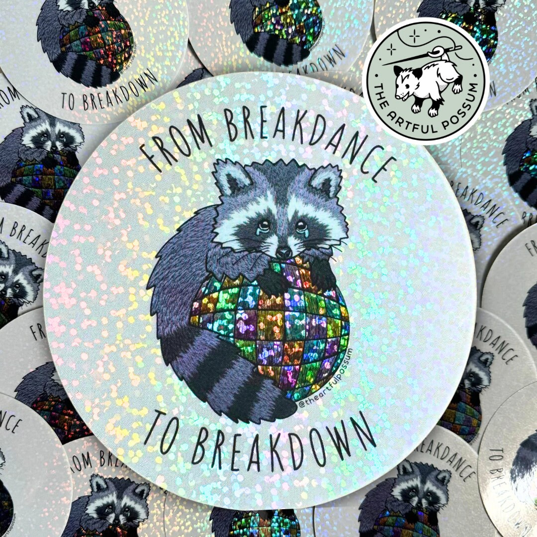 Disco Panic Raccoon Rainbow Glitter Holographic Vinyl Sticker, Cute ...