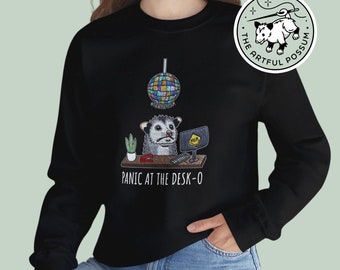 Paniek aan de balie-O-Possum middelzware sweater met ronde hals Schattig opossum angst meme grappig alle paniek geen schijf-O-Possum handborduurwerk PRINT