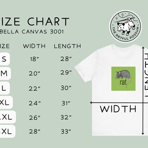 Puede incluir: Tabla de tallas para camisetas Bella Canvas 3001, que muestra las medidas de ancho y largo en pulgadas para las tallas S, M, L, XL, 2XL y 3XL. La tabla est&aacute; impresa en una camiseta blanca con un cuadrado verde que presenta una rata de dibujos animados.