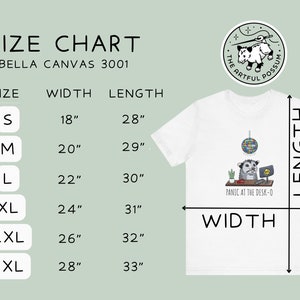 以下が含まれることがあります： Bella Canvas 3001 Tシャツのサイズチャート。チャートは、S、M、L、XL、2XL、3XLのサイズについて、幅と長さをインチで示しています。