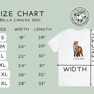 May include: Size chart for Bella Canvas 3001 t-shirts, showing width and length measurements in inches for sizes S, M, L, XL, 2XL, and 3XL. The chart is on a light green background.