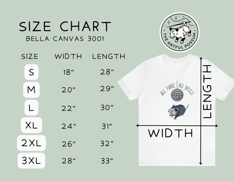 K&ouml;nnte beinhalten: Gr&ouml;&szlig;entabelle f&uuml;r Bella Canvas 3001 T-Shirts. Die Tabelle zeigt die Breite und L&auml;nge in Zoll f&uuml;r die Gr&ouml;&szlig;en S, M, L, XL, 2XL und 3XL.