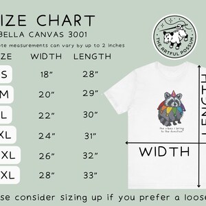 May include: Size chart for Bella Canvas 3001 t-shirts, showing width and length measurements in inches for sizes S, M, L, XL, 2XL, and 3XL. The chart includes a note that measurements can vary by up to 2 inches.