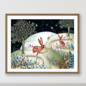 Wild rabbit art print whimsical wall décor. Bunny printable for nature lovers.