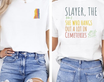 BtVS | &#39;Slayer (comma) THE&#39; Crewneck Tee | Buffy the Vampire Slayer Rainbow Silhouette Character Quote Comfy T-Shirt