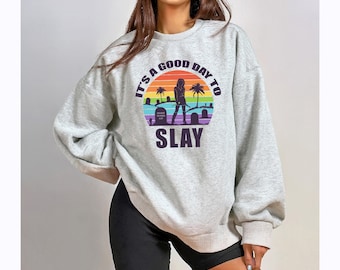 BtVS | LIMITED EDITION &#39;Good Day to Slay&#39; PRIDE Crewneck Sweatshirt | Unisex Fit Buffy Silhouette Art Rainbow Aesthetic Loungewear Top