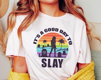 BtVS | LIMITED EDITION 'Good Day to Slay' Crewneck Tee | Unisex Fit Buffy Silhouette Art Rainbow Aesthetic T-Shirt