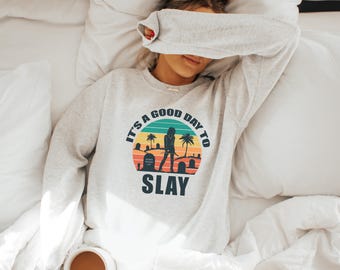 BtVS | Good Day to Slay Crewneck Sweatshirt | Unisex Fit Buffy Minimalist Style Sketch Art Loungewear Top