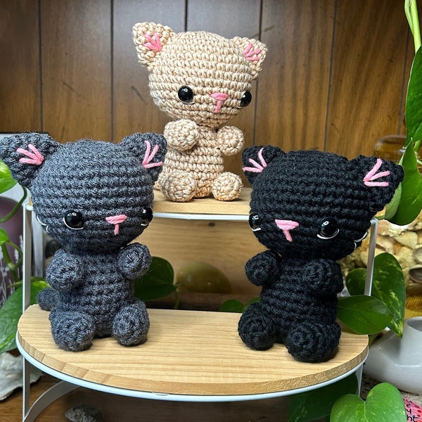 Crocheted black cat stuffed animal, witchy stuffed animal, tan tabby, grey kitty companion