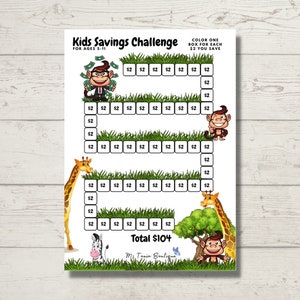 May include: A printable kids savings challenge chart with a jungle theme. The chart features a giraffe, a zebra, and monkeys. The chart has boxes to colour in for each £2 saved. The chart says "Kids Savings Challenge" and "Total £104".