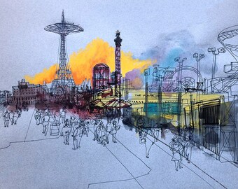 Impression d'art de Coney Island - Illustration de reportage à l'aquarelle et à l'encre