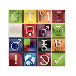 May include: A colorful grid of 16 squares with different symbols and letters. The top row reads "GTME". The symbols include a female symbol, a male symbol, a transgender symbol, a circle with a dot in the center, a circle with an arrow pointing to the right, a circle with an arrow pointing to the left, a square with a green, purple, red, and blue pattern, a square with a white "F" in the center, a square with a white "!" and a white "?" in the center, an exclamation point, a globe, a circle with a diagonal line through it, and a check mark.