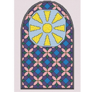Può includere: Un design di vetrata con un sole giallo al centro e un motivo geometrico rosa, blu e verde intorno.