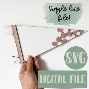 May include: A white pennant-shaped wall hanging with a wooden frame and three pink and white flowers. The text "Single line file!" is above the pennant, and "SVG" and "DIGITAL FILE" are below.