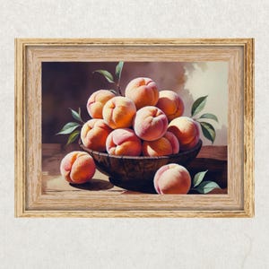 Vintage Peach Bowl Art Print – Digital Download Fruit Painting – Rustic Kitchen Wall Decor – Still Life Printable Artwork