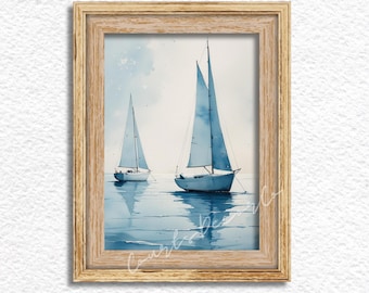 Vintage Sailboat Watercolor Painting | Nautical Wall Art Digital Download | Ocean Seascape Printable | Coastal Decor