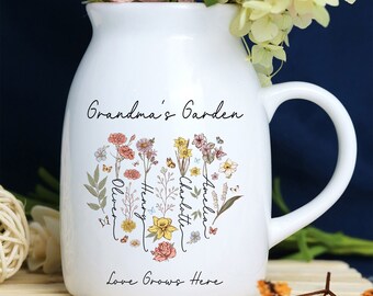 Grandma's Garden Love Grows Here, Personalized Birth Month Flower Mini Flower Vase With Kids Name, Mothers Day Gift for Grandma Mom