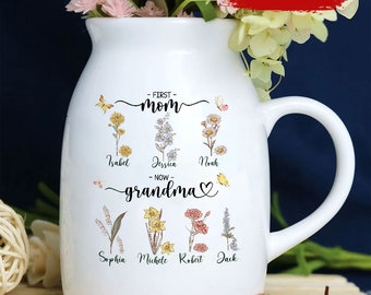 First Mom Now Grandma, Personalized Mini Flower Vase, Customized Birth Month Flower Vase, Mother's Day Gift for Grandma Mom Nana