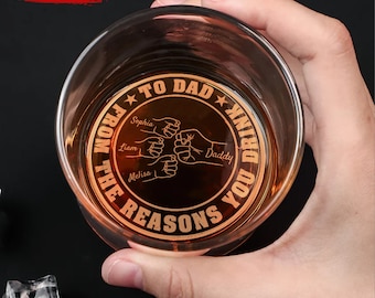 To Dad From The Reasons You Drink, Personalized Whiskey Glass, Fist Bump Family Hands, Birthday Fathers Day Gift for Dad Grandpa