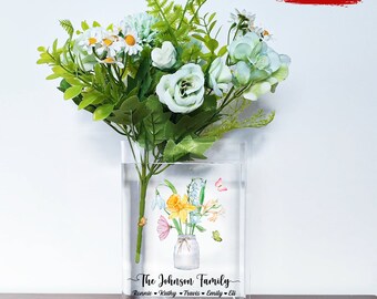 Personalisierte Geburt Blumen Familie Bouquet Acryl Buch Blumenvase, Buch förmige Blumenvase, Geburtstag, Muttertagsgeschenk für Oma Mama