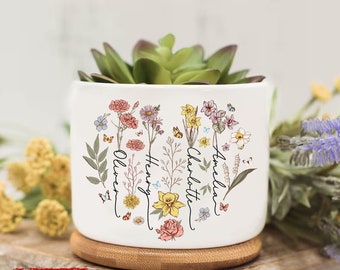 Pot de fleur personnalisé pour le mois de naissance, pot de fleur personnalisé avec nom d'enfant, anniversaire, cadeau de fête des mères pour grand-mère maman, cadeau pour amateur de jardinière