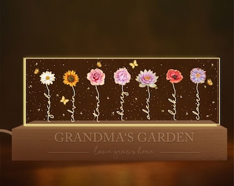 Veilleuse LED personnalisée pour le jardin de grand-mère, veilleuse familiale personnalisée pour le mois de naissance, anniversaire, cadeau de fête des mères pour grand-mère et maman