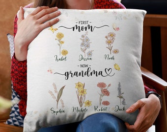 Personalized First Mom Now Grandma Pillow, Customized Birth Month Flower Pillow With Kids Names, Birthday, Mother's Day Gift for Mom Grandma